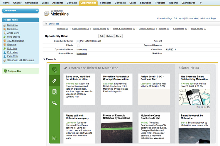 Evernote for Salesforce Screenshot in the Salesforce Opportunity Object